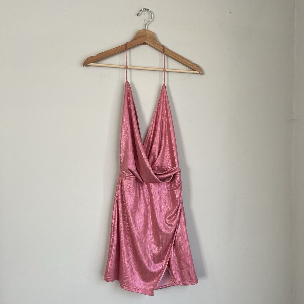 Revolve Superdown Missie Wrap Front Dress in Pink Metallic Size Small Micro Mini